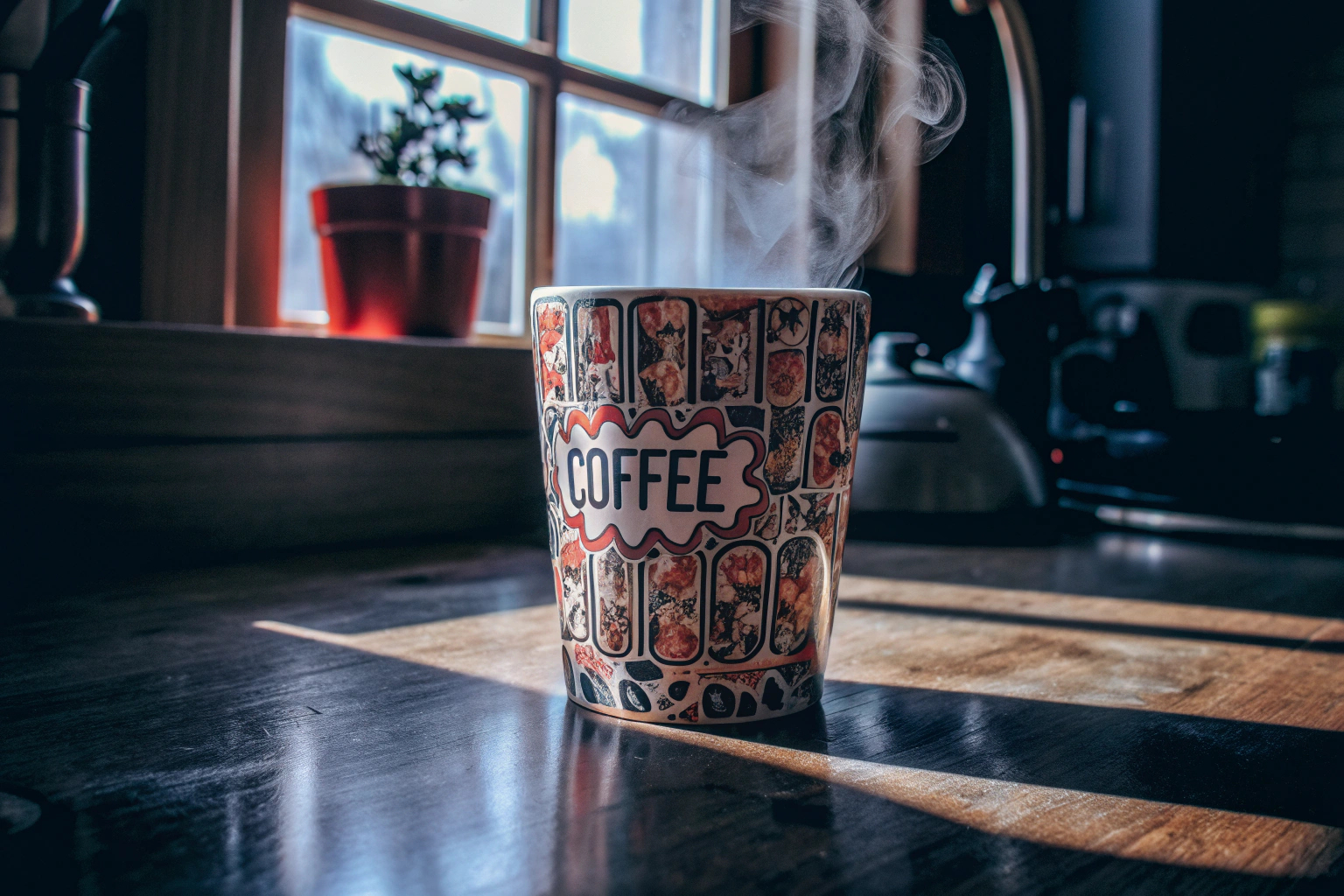 Lustige Tasse mit Spruch auf Küchentisch