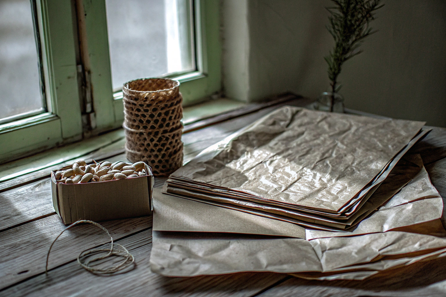 Verschiedenes umweltfreundliches Verpackungsmaterial, darunter Wabenpapier und Packpapier. Umweltfreundliches Verpackungsmaterial